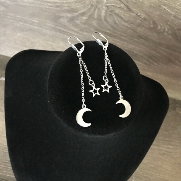 Moon and Star Stainless Steel Dangle Earrings - Picture 2 of 3